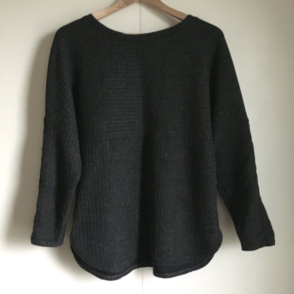 Max Studio M Grey Ribbed Knit Empire Waist Top Ribbon Tie Ruched Sleeve Sweater